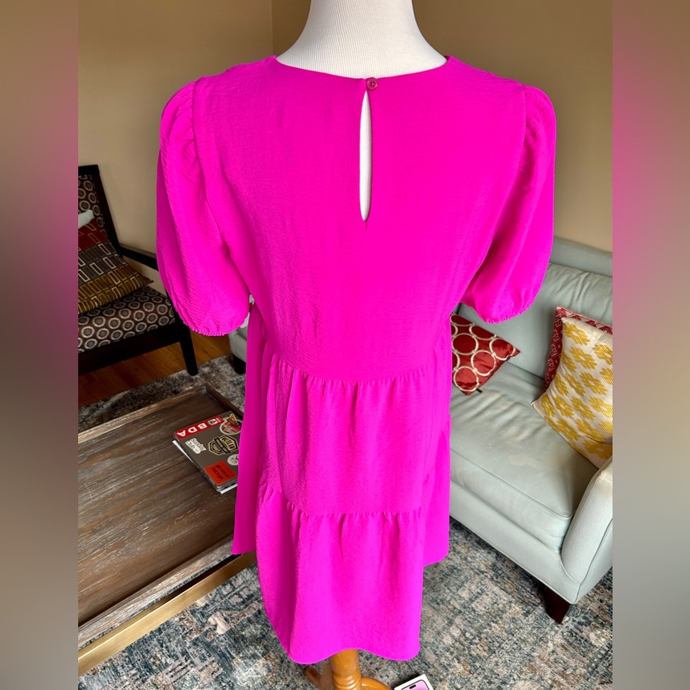 DKNY Bright Pink Tiered Baby Doll Dress Puff Sleeve Size 8 - Picture 5 of 12
